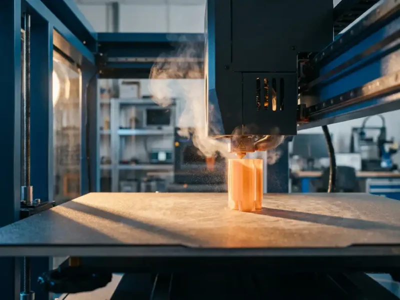 Industrieller 3D-Drucker emittiert sichtbare Dämpfe und Feinstaubpartikel beim Drucken eines Kunststoffbauteils in moderner Fabrik.