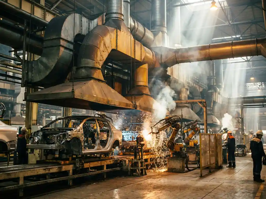 Industrielle Absauganlage über einer Automotive-Transferstraße mit Roboterschweißstationen, Funken und Metallrauch unter Hallenlicht.