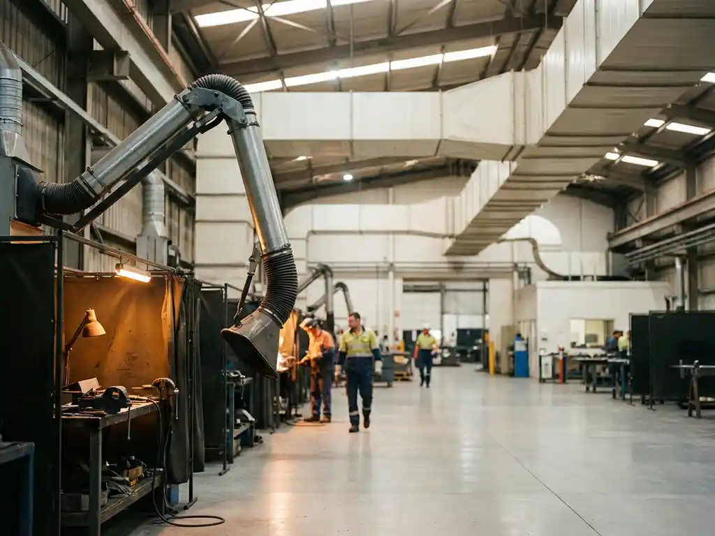 Industrieller Absaugarm an einer Schweißstation mit Deckenlüftungskanälen in einer weitläufigen Fabrikhalle, Arbeiter im Hintergrund.