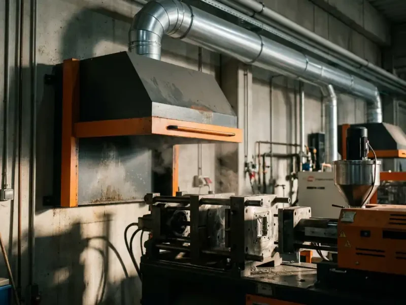 Industrielle Absauganlage an Fabrikwand erfasst Thermaldämpfe einer Kunststoff-Spritzgussmaschine mit sichtbaren Rauchabzügen und Stahlkanälen.