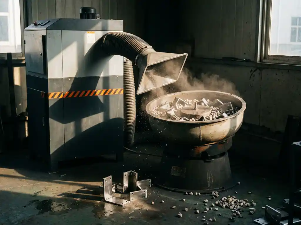 Industrielle Absauganlage neben einer Vibrationsschleifmaschine mit taumelnden Metallteilen, feine Staubpartikel werden ins Absauggehäuse gezogen.