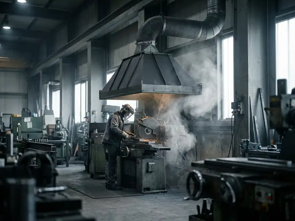 Industrielle Absaughaube über Metallschleifarbeitsplatz mit funkelndem Schleifrad und sichtbarem Metallstaubsog in deutscher Fertigungshalle.
