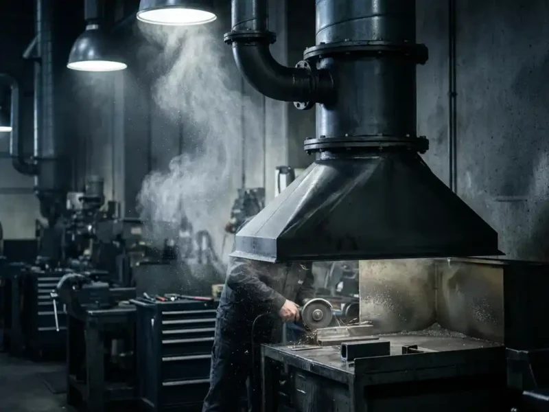 Industrielle Absaughaube über einer Metallschleifstation mit sichtbarem Metallstaub im Lichtstrahl und dunklen Stahlmaschinen im Hintergrund.