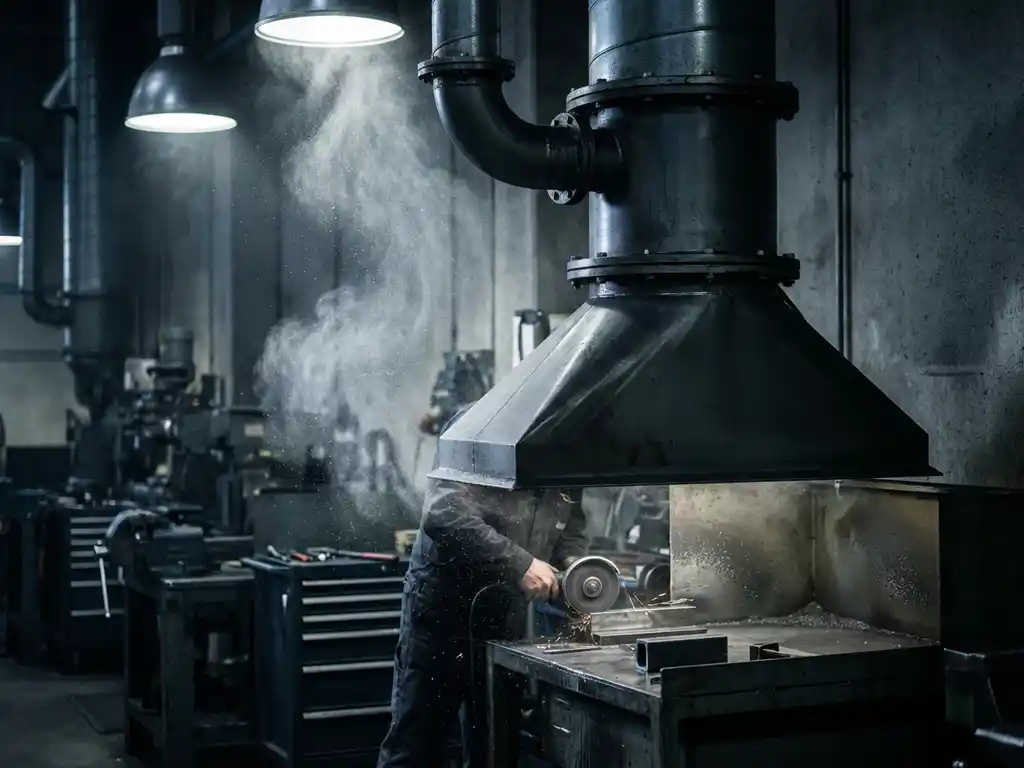 Industrielle Absaughaube über einer Metallschleifstation mit sichtbarem Metallstaub im Lichtstrahl und dunklen Stahlmaschinen im Hintergrund.
