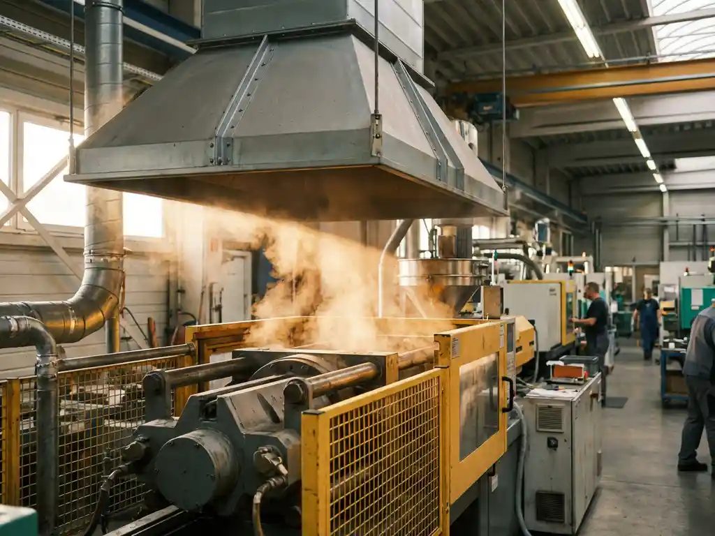 Industrielle Absaughaube über einer Kunststoff-Spritzgussmaschine fängt Dämpfe und Feinstaubwolken in deutscher Fertigungshalle auf.
