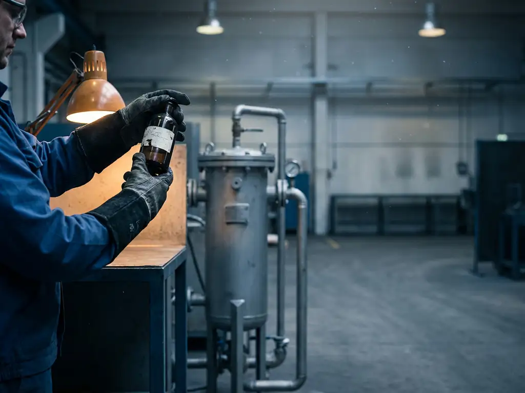 Industriearbeiter mit Schutzhandschuhen prüft Chemikalienbehälter vor grauer Filtrationsanlage in einer Fabrikhalle.