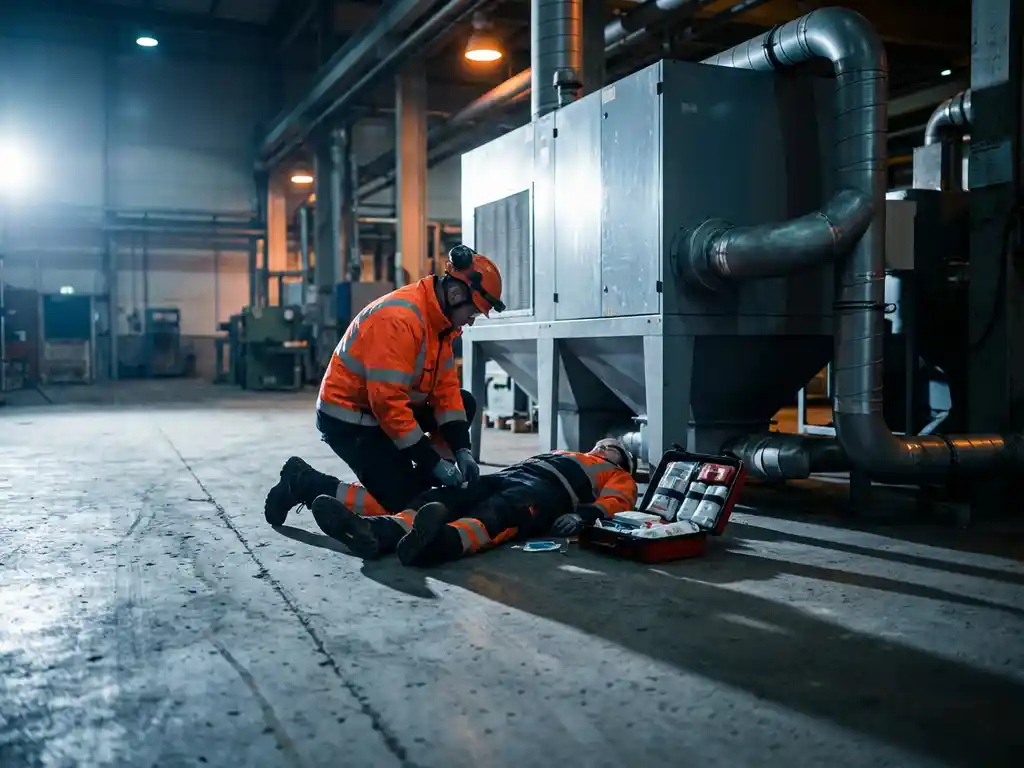 Arbeiter in Schutzausrüstung kniet neben bewusstlosem Kollegen auf Fabrikboden, geöffneter Erste-Hilfe-Kasten daneben.