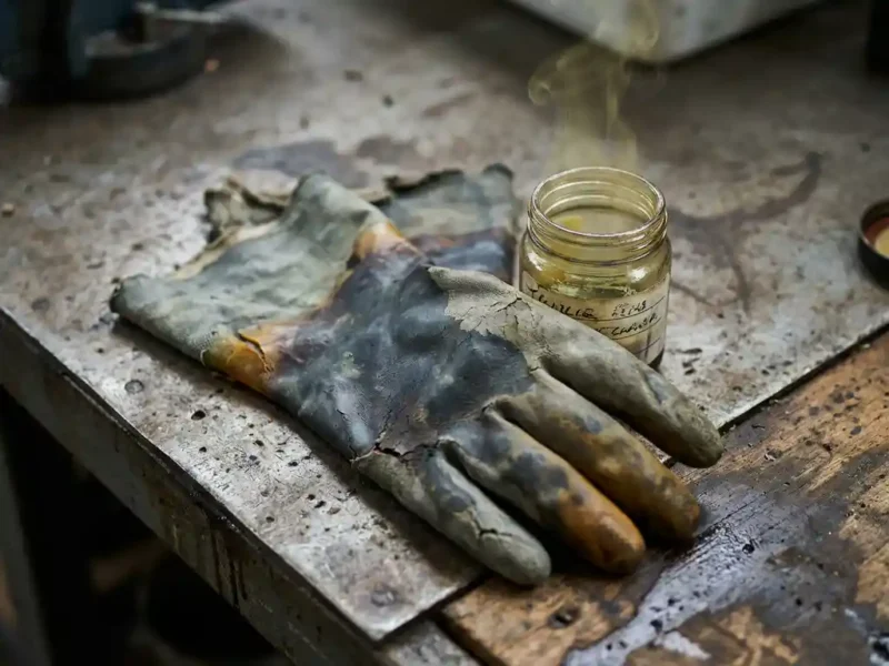 Verbrauchter, chemisch beschädigter Schutzhandschuh neben offenem Behälter mit gelblichem Dampf auf Industriewerkbank.