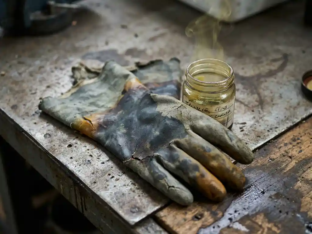 Verbrauchter, chemisch beschädigter Schutzhandschuh neben offenem Behälter mit gelblichem Dampf auf Industriewerkbank.