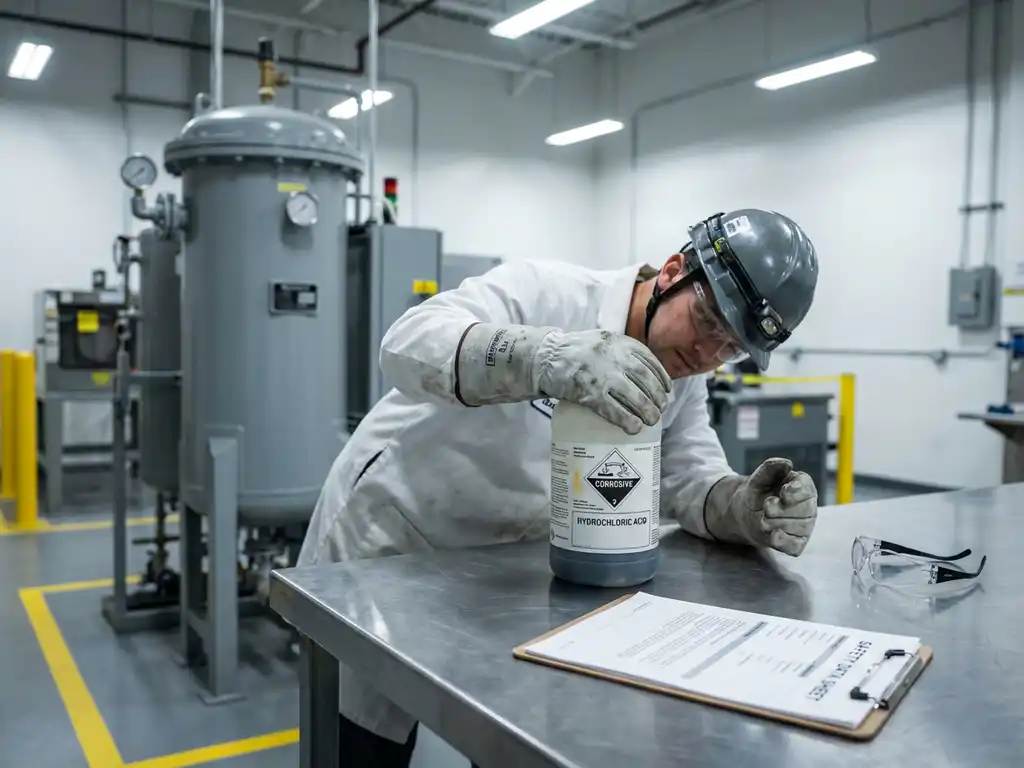 Arbeiter mit Schutzhandschuhen prüft Chemikalienbehälter in Industrieanlage, Filtrationseinheit und Sicherheitsdatenblatt im Hintergrund.