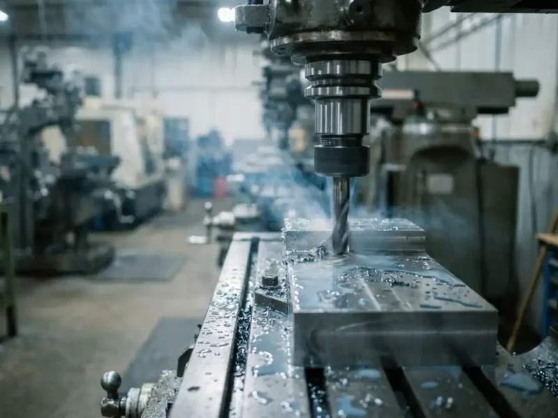 CNC-Bearbeitungszentrum fräst Stahl, Kühlmittel glänzt auf der Metalloberfläche, leichter Ölnebel steigt auf, industrielle Werkstattumgebung.