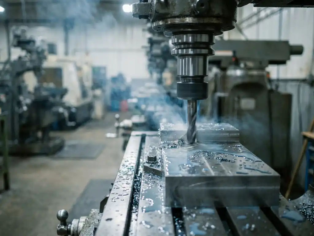 CNC-Bearbeitungszentrum fräst Stahl, Kühlmittel glänzt auf der Metalloberfläche, leichter Ölnebel steigt auf, industrielle Werkstattumgebung.