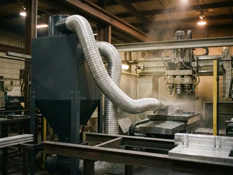 Industrielle Absauganlage mit Silberrohr an CNC-Bohrmaschine, Metallspäne in der Luft, Fabrikhalle mit Bernsteinlicht.