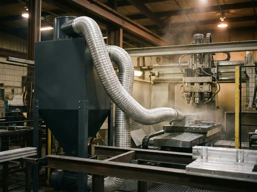 Industrielle Absauganlage mit Silberrohr an CNC-Bohrmaschine, Metallspäne in der Luft, Fabrikhalle mit Bernsteinlicht.