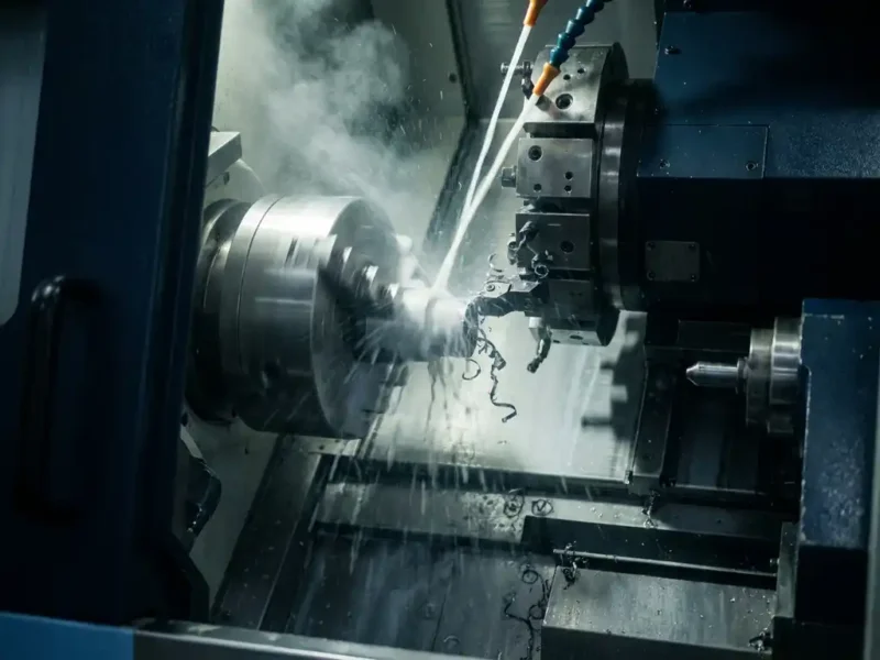 CNC-Drehmaschine bearbeitet Metallwerkstück mit Hochdruck-Kühlmittelstrahlen und feinem Ölnebel in der Schneidzone.
