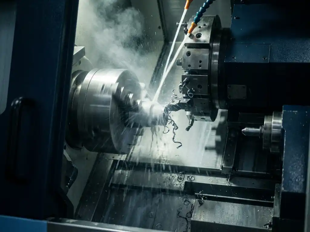 CNC-Drehmaschine bearbeitet Metallwerkstück mit Hochdruck-Kühlmittelstrahlen und feinem Ölnebel in der Schneidzone.