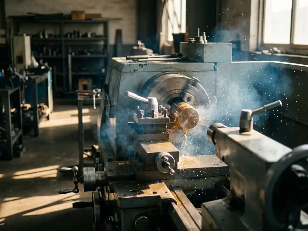 CNC-Drehmaschine bearbeitet Metallwerkstück mit sichtbarem Ölnebel, der im Gegenlicht glitzert, industrielle Werkstattumgebung.