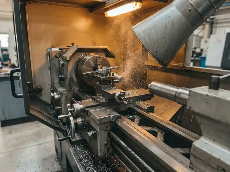 CNC-Drehmaschine beim Trockendrehen mit sichtbaren Metallpartikeln in der Luft und Absaughaube nahe der Schneidzone.