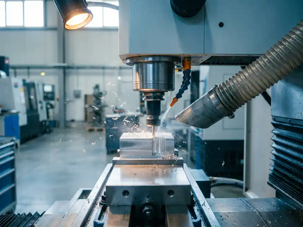 CNC-Mikrofräsmaschine bearbeitet Aluminiumteil, Metallspäne und Ölnebel in der Luft, Absauganlage mit Flexschlauch nahe der Schnittzone.
