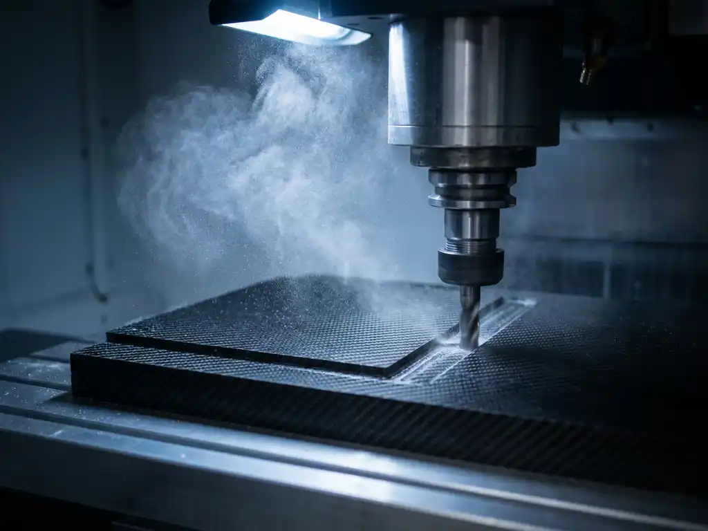 CNC-Fräsmaschine schneidet Carbonfaser-Verbundplatte, feine weiße Staubpartikel schweben über der Oberfläche im Industrielicht.