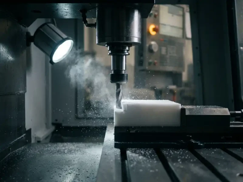 CNC-Fräsmaschine bearbeitet weißes Kunststoffwerkstück, feiner Staub steigt von der Schnittfläche auf, dunkle Industriewerkstatt.