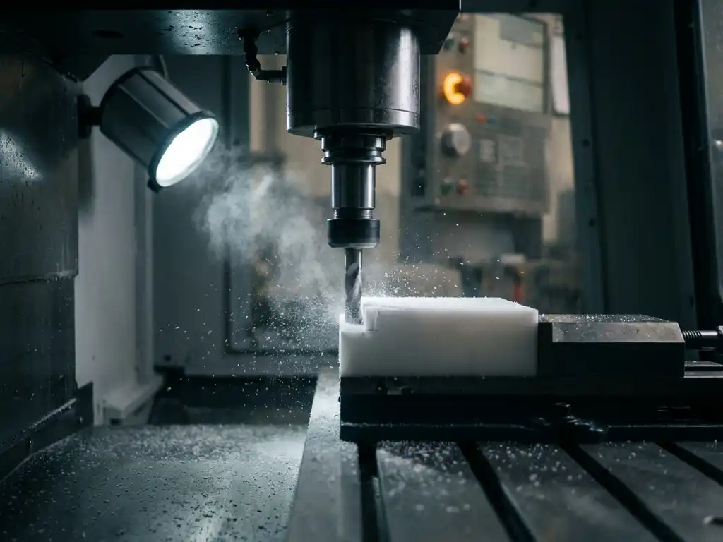 CNC-Fräsmaschine bearbeitet weißes Kunststoffwerkstück, feiner Staub steigt von der Schnittfläche auf, dunkle Industriewerkstatt.