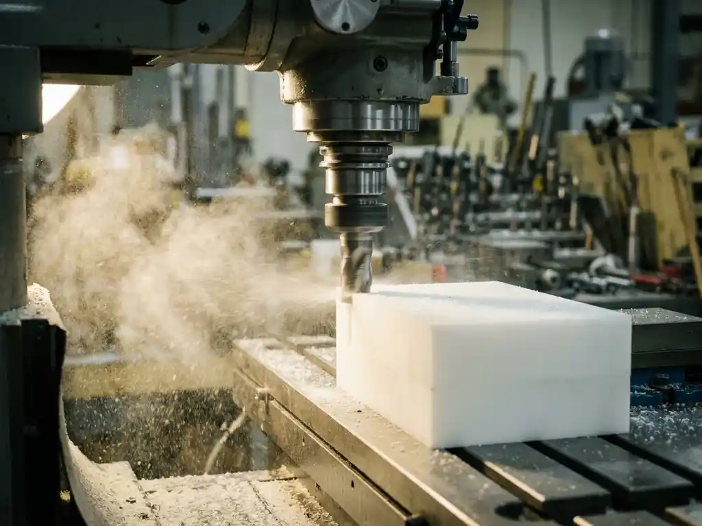 CNC-Fräsmaschine fräst weißen Kunststoffblock, feiner Staub wirbelt um rotierendes Werkzeug in industrieller Werkstatt.