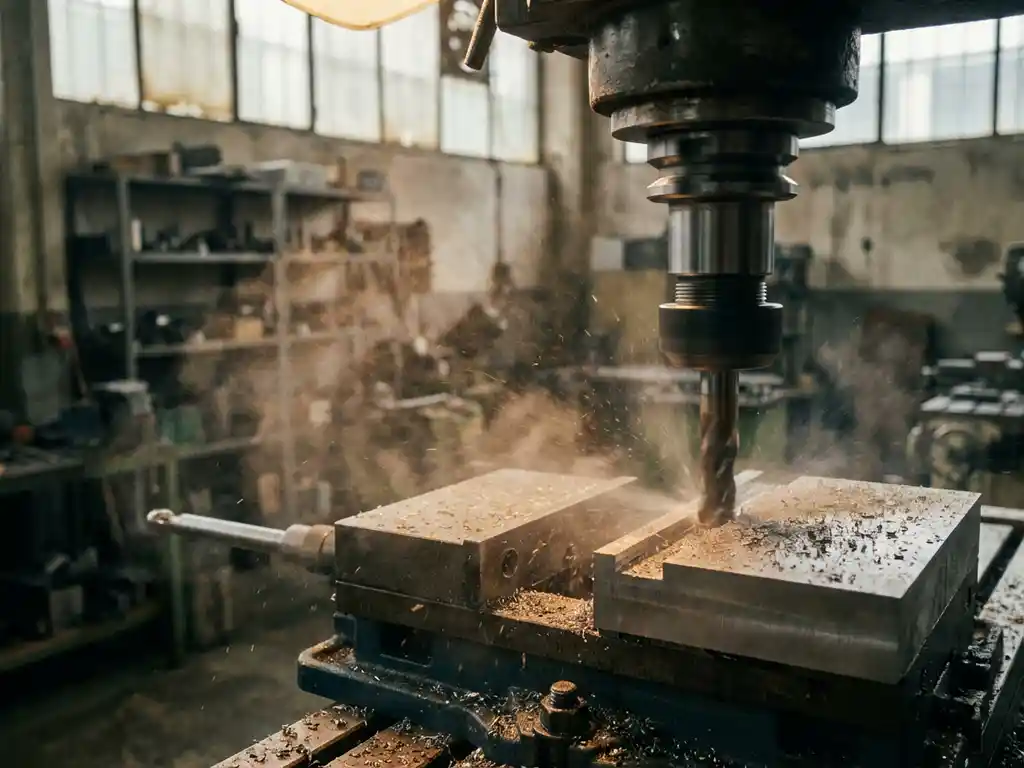 CNC-Fräsmaschine bearbeitet Metall trocken, feine Metallstaubpartikel und Ölnebel über dem rotierenden Werkzeug in Industriewerkstatt.