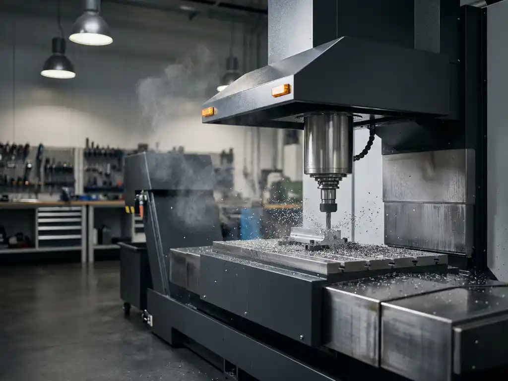 CNC-Fräsmaschine bearbeitet Stahlwerkstück; Metallspäne und Partikel werden von Industrieabsaughaube erfasst.