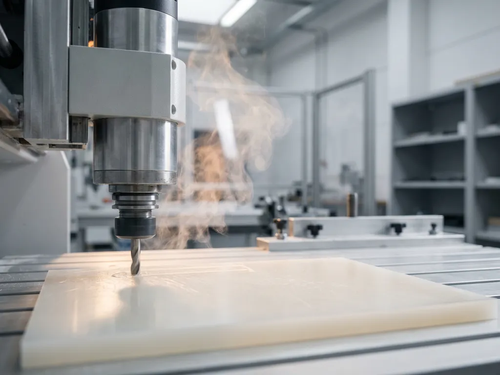 CNC-Fräse schneidet thermoplastische Kunststoffplatte, weißer Dampf steigt beim Bearbeiten auf, Industriewerkstatt.