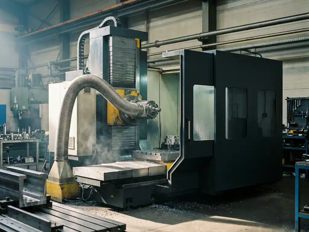 CNC-Bearbeitungszentrum mit Spanabsaugung am Spindelkopf neben Schutzgehäuse auf Fabrikboden, metallischer Dunst in der Luft.