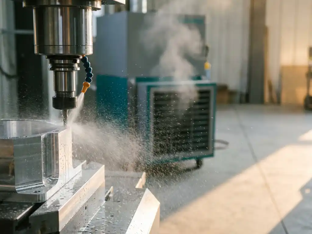 CNC-Spindel versprüht Kühlmittelnebelstrahlen über Metallwerkstück, Industrieluftfilter im Hintergrund sichtbar.