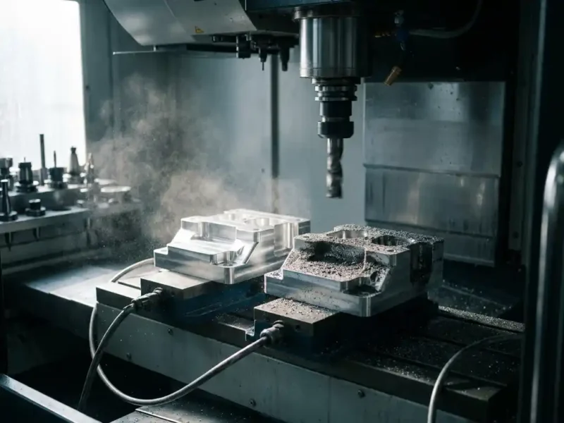 CNC-Maschine in Betrieb mit Metallstaubpartikeln, die auf bearbeiteten Aluminiumbauteilen ablagern – ein Teil verschmutzt, das andere makellos sauber.