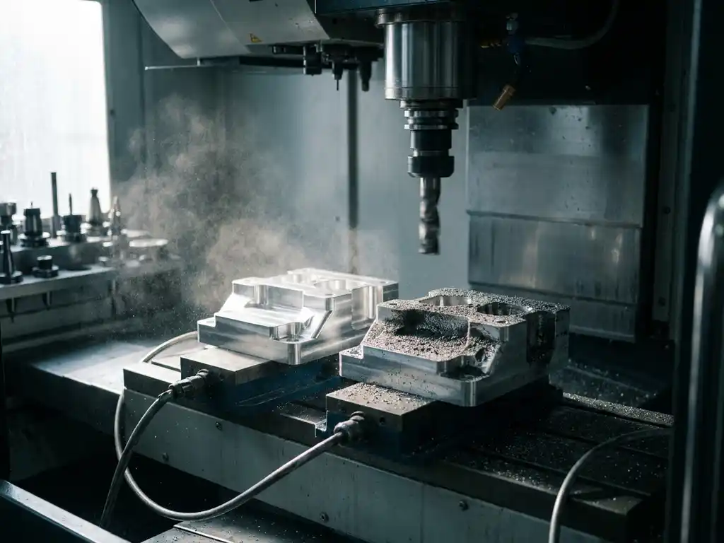 CNC-Maschine in Betrieb mit Metallstaubpartikeln, die auf bearbeiteten Aluminiumbauteilen ablagern – ein Teil verschmutzt, das andere makellos sauber.