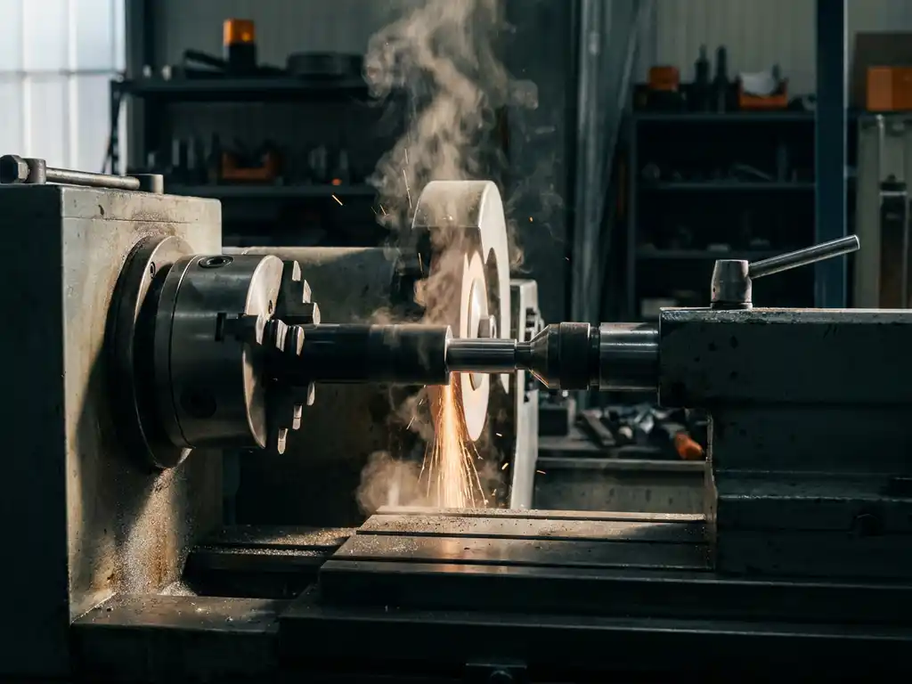 CNC-Schleifmaschine bearbeitet Wolframkarbid-Werkstück, metallischer Staub und Rauch steigen über der Schneidzone auf.