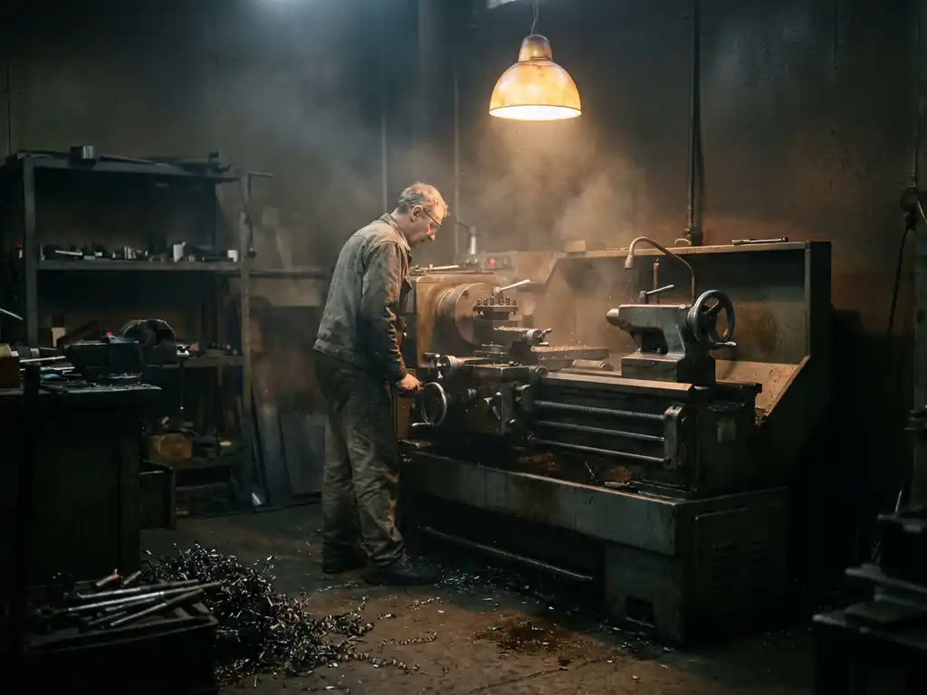 Maschinenschlosser an einer Drehmaschine in dunkler Werkstatt, umgeben von sichtbarem Ölnebel im Gegenlicht der Hallenbeleuchtung.