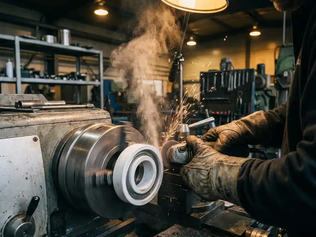Behandschuhte Hände eines Schlossers beim Schleifen eines Metalllagers auf einer Drehmaschine, Metallstaub verteilt sich in der Luft.