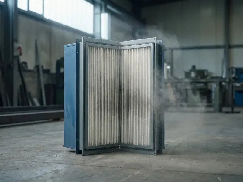 Industrieller Feinstaubfilter-Kartusche mit gefaltetem Filtermedium im Querschnitt, Staubpartikel im Tageslicht einer Fabrikhalle sichtbar.