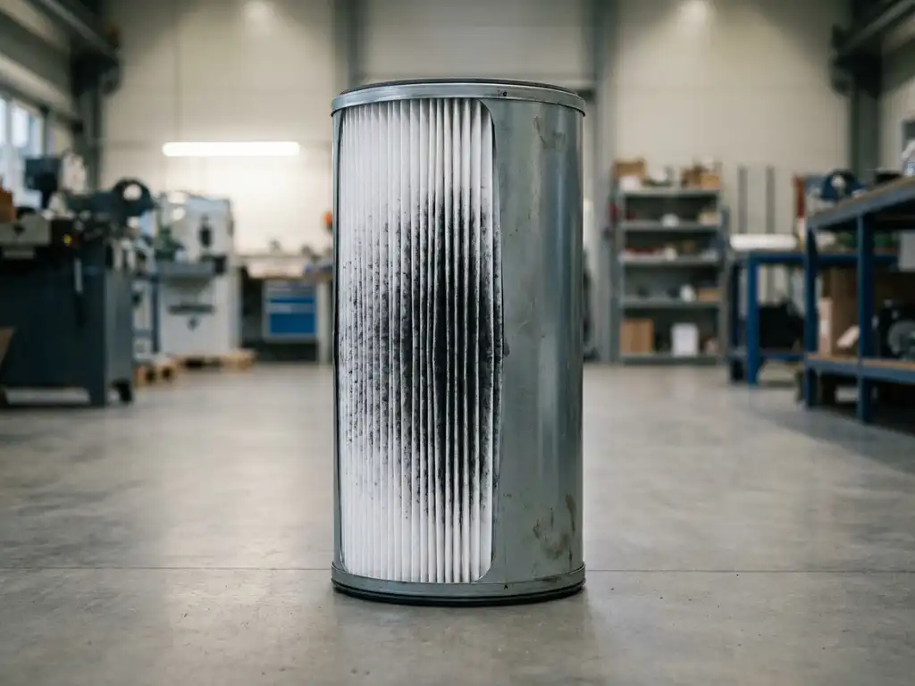 Industrieller Feinstaubfilter-Kartuschenquerschnitt mit dicht gefalteten weißen Filtermedien und dunklen Partikelablagerungen im Stahlgehäuse.