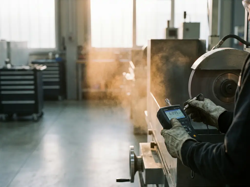 Behandschuhte Hand hält Feinstaubmessgerät an Schleifmaschine, Staubpartikel im Gegenlicht einer Industriewerkstatt sichtbar.