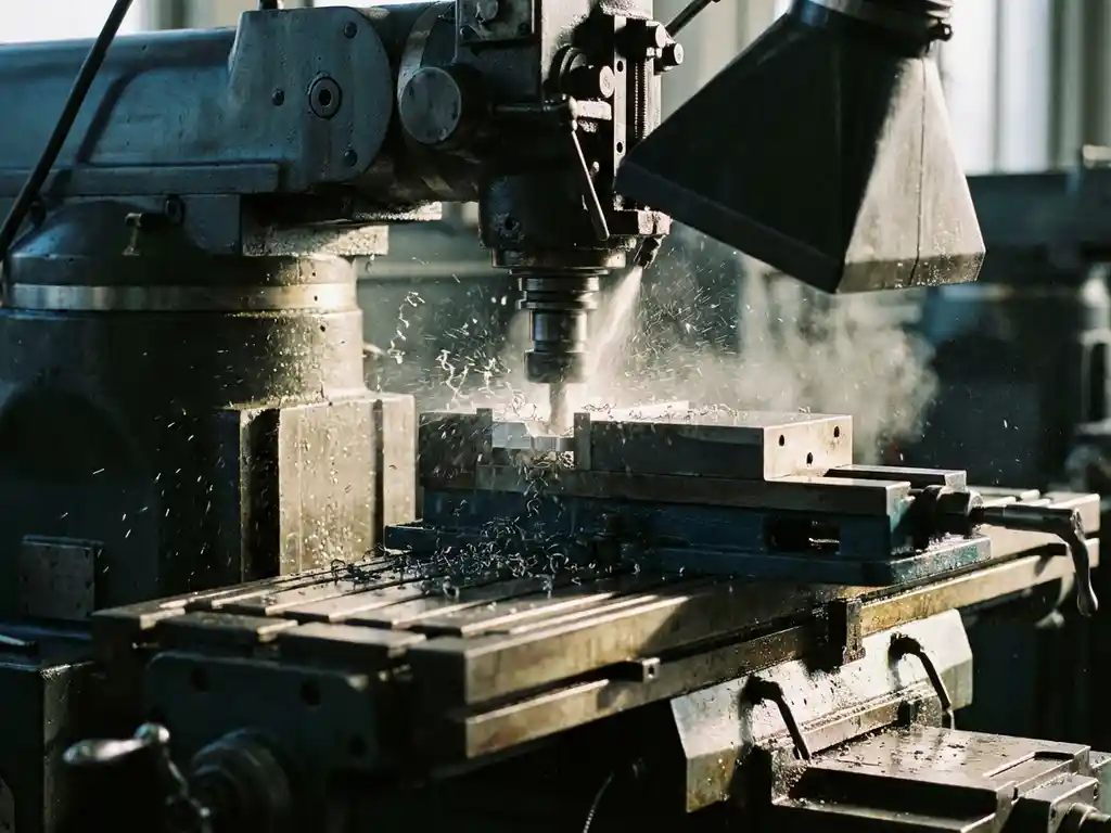 Industriefräsmaschine beim Metallschneiden mit aufsteigenden Spänen, Kühlmittelnebel und Absaughaube in Stahl-Blau-Tönen.