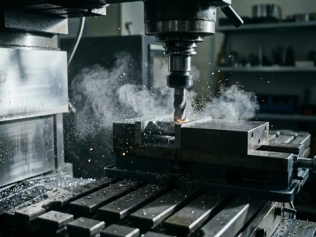 Hochgeschwindigkeitsfräser bearbeitet gehärtetes Metall und erzeugt eine dichte metallische Aerosol-Wolke über einer CNC-Maschine.
