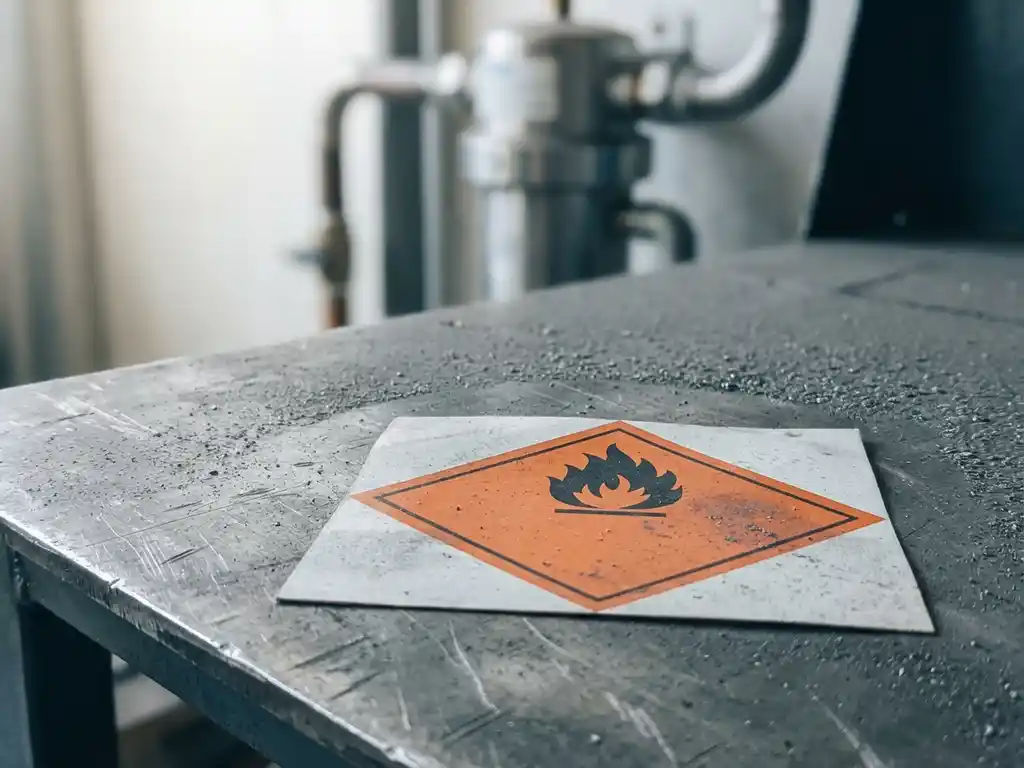 Oranges Gefahrgut-Warndiamond-Etikett auf einem Stahlwerkstisch mit Metallstaub, Filtrationsanlage unscharf im Hintergrund.