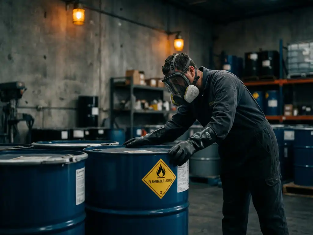 Arbeiter mit Vollschutzmaske und chemikalienbeständigen Handschuhen prüft Industriefass mit Gefahrenkennzeichnung in Fabrikhalle.