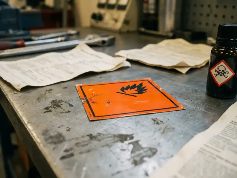 Orangefarbenes Gefahrstoffetikett auf Stahlwerkbank, umgeben von Sicherheitsdatenblättern und Chemikalienbehälter mit GHS-Diamantsymbol.