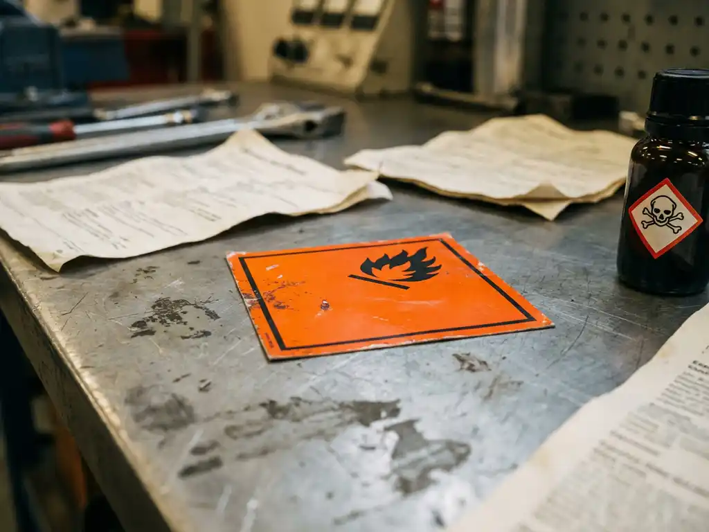 Orangefarbenes Gefahrstoffetikett auf Stahlwerkbank, umgeben von Sicherheitsdatenblättern und Chemikalienbehälter mit GHS-Diamantsymbol.