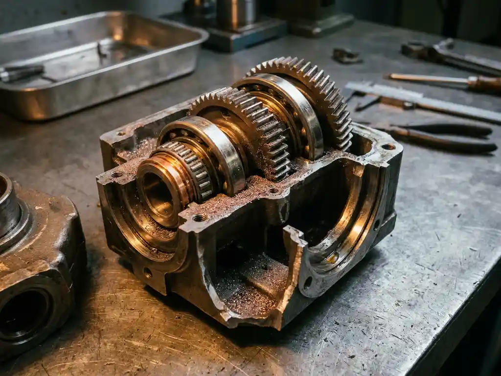 Geöffnetes Präzisionsgetriebe auf Stahlwerkbank mit metallischem Feinstaub in Zahnradzähnen und Lagerringen sichtbar.