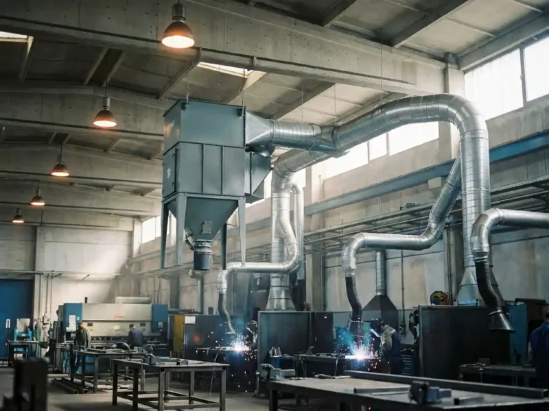 Industrielle Absauganlage an Fabrikhalle-Decke mit verzweigten Silberkanälen über Schweißstationen in einer Metallwerkstatt.