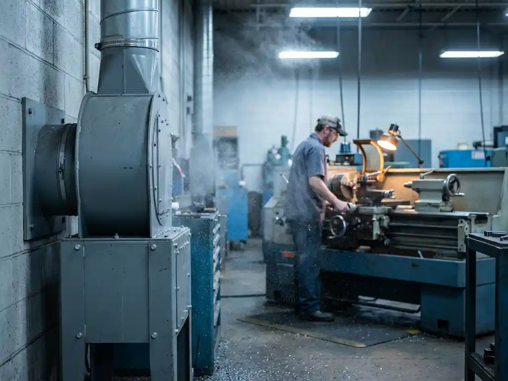 Industrielle Absauganlage an Fabrikwand mit sichtbarem Metallnebel, Dreher arbeitet im Hintergrund an einer Präzisionsdrehmaschine.