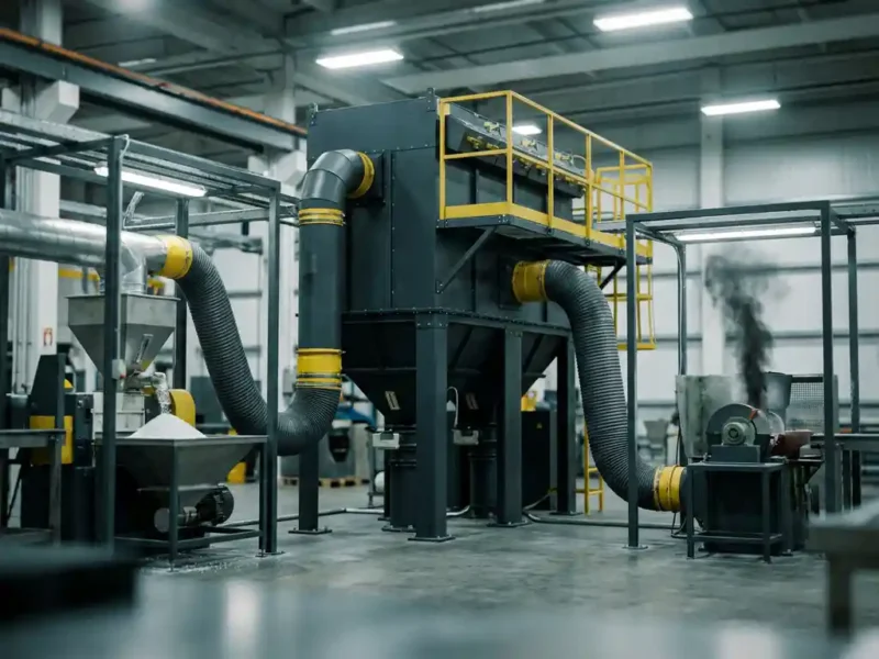 Industrielle Absauganlage mit zwei Ansaugschläuchen an Kunststoffbearbeitungsmaschinen in einer Fabrikhalle, Stahlgehäuse in Anthrazit und Gelb.